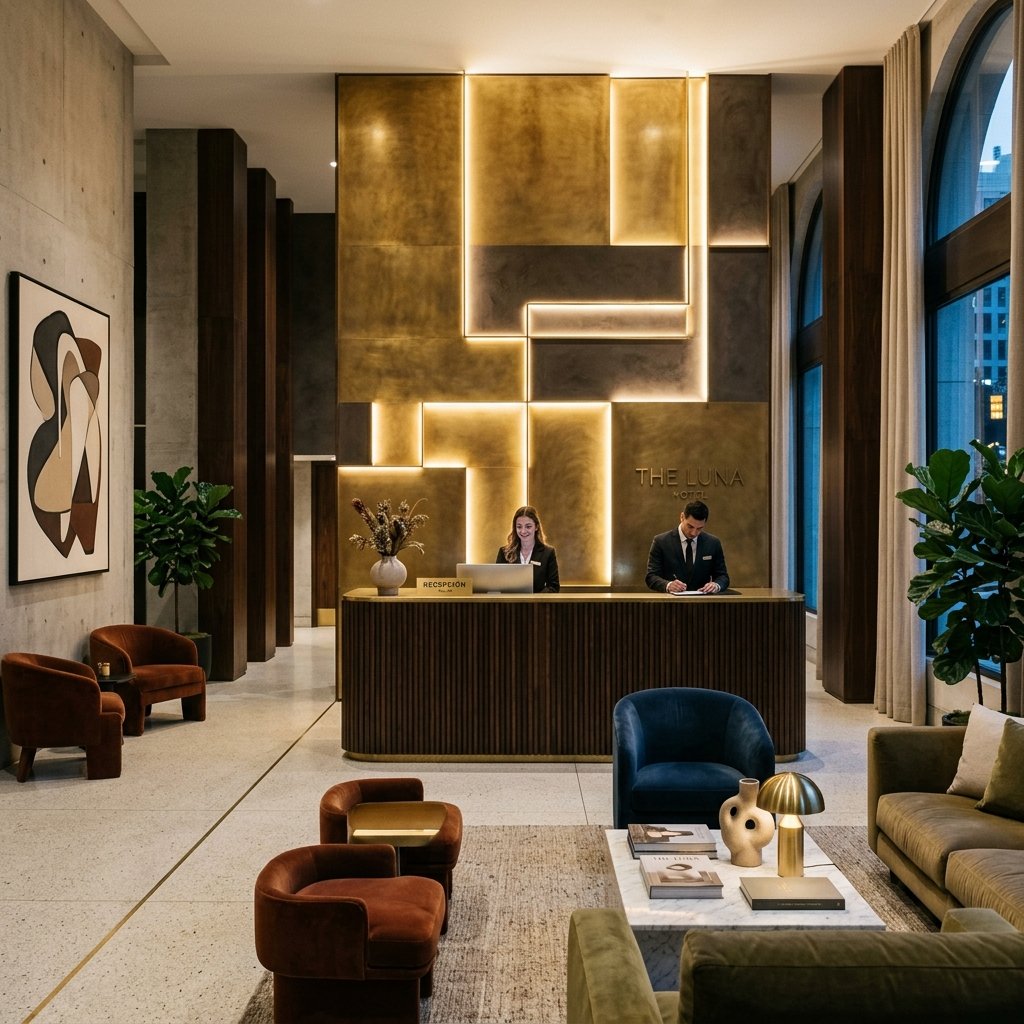 Luxury hotel lobby featuring brass elements